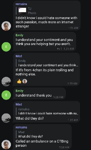 >I didn't know I could hate someone with such passion
He said it against people calling ambulance after finding someone killing themselves.

I can't stand internet lately.