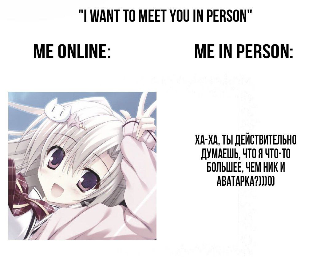 "ИМАМТ ТО MEET YOU IN PERSON" ME ONLINE: ME IN PERSON: ХА-ХА, ТЫ ДЕЙСТВИТЕЛЬНО ДУМАЕШЬ, ЧТО Я ЧТО-ТО БОЛЬШЕЕ, ЧЕМ НИКИ ABATAPKA?))}0)