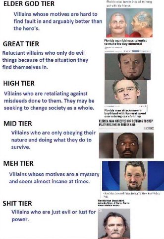 ELDER GOD into jail to hang Villains whose motives are hard to find fault in and arguably better than 1 the hero's. A GREAT TIER make Reluctant villains who only evil things because of the situation t