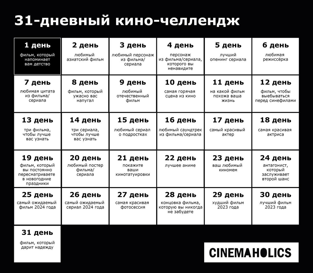 Ребята! Нас многие просили сделать в этом году кино-челлендж — получите, распишитесь!

Он проходит в инсте, но сюда мы тоже будем выкладывать, чтобы вы в комментах или в своих тг-каналах могли поотвеч