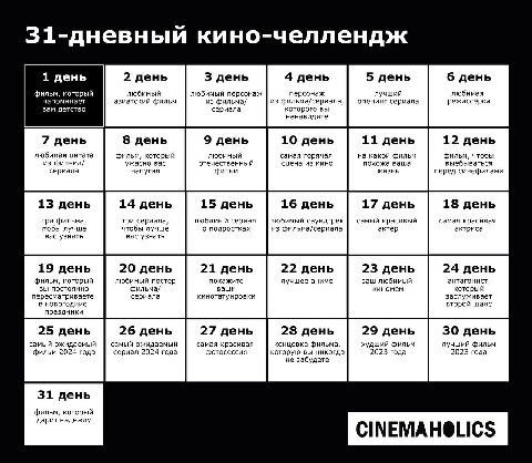 Ребята! Нас многие просили сделать в этом году кино-челлендж — получите, распишитесь!

Он проходит в инсте, но сюда мы тоже будем выкладывать, чтобы вы в комментах или в своих тг-каналах могли поотвеч