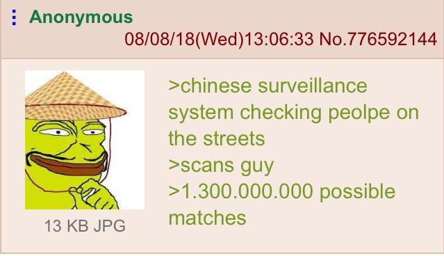 Anonymous 08/08/18(Wed)13:06:33 No.776592144 >chinese surveillance system checking peolpe on the streets >scans guy >1.300.000.000 possible 13 JPG matches