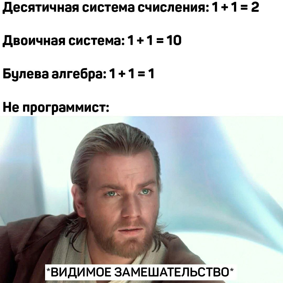 Десятичная система счисления: 1+1=2 Двоичная система: 1 +1 =10 Булева алгебра: 1+1=1 Не программист: МОЕ ЬСТВО*
