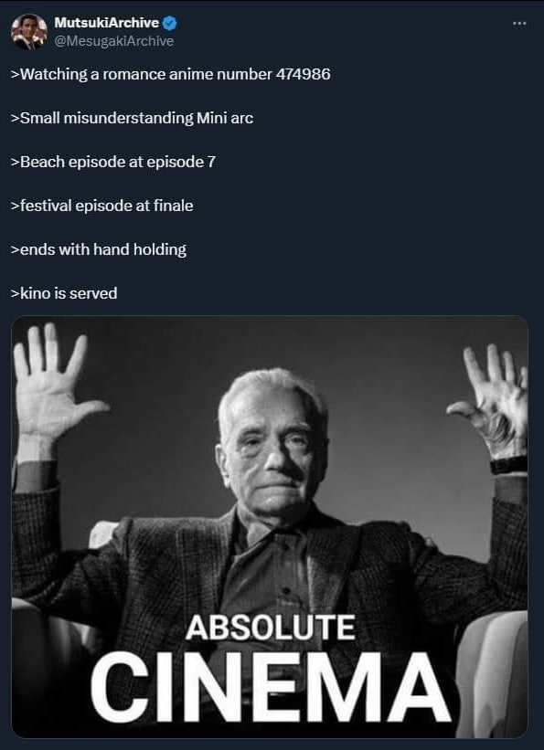 MutsukiArchive >Watching а romance anime number 474986 >Small misunderstanding Mini arc >Beach episode at episode 7 >festival episode at finale >ends with hand holding >kino is served ABSOLUTE CINEMA