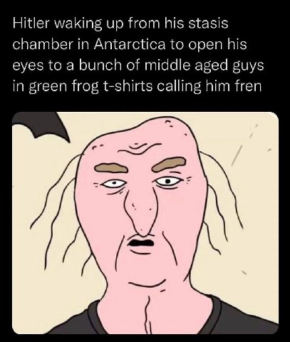Hitler waking up from his stasis chamber in Antarctica to open his eyes to a bunch of middle aged guys in green frog t-shirts calling him fren