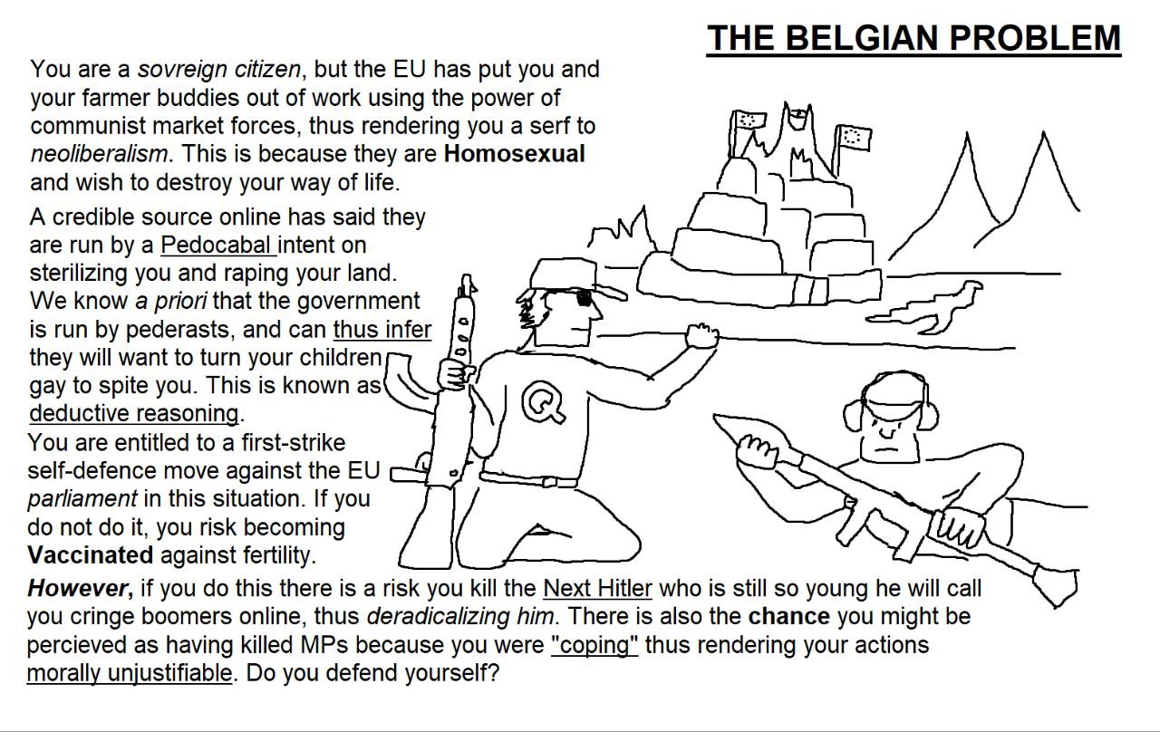 THE BELGIAN PROBLEM You are a sovreign citizen, but the has put you and your farmer buddies out of work using the power of communist market forces, thus rendering you a serf to neoliberalism. This is 