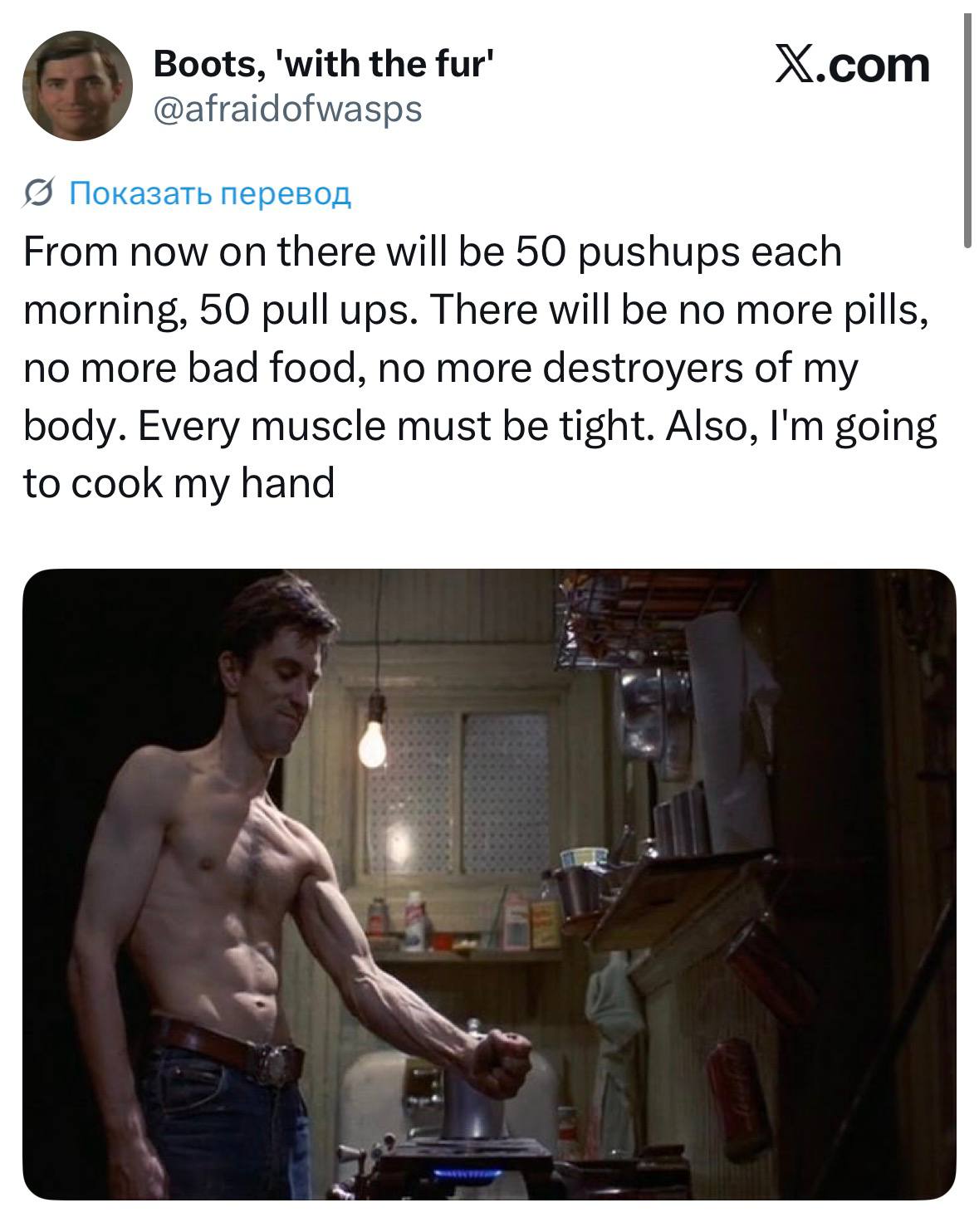 Boots, 'with the Фиг" X.com @afraidofwasps {5 Показать перевод From now there will be 50 pushups each morning, 50 pull ups. There will be no more pills, no more bad food, no more destroyers of my body