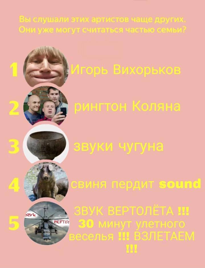 Вы слушали этих артистов чаще других Они уже могут считаться частью семьи? Игорь Вихорьков рингтон Коляна свиня пердит sound ЗВУК ВЕРТОЛЁТА нав 5 30 минут улетного ‚веселья ВЗЛЕТАЕМ San