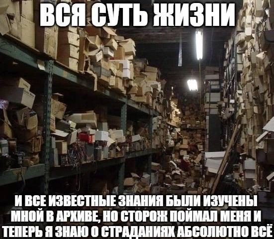 ВСЯ СУТЬ ЖИЗНИ ИВСЕ ИЗВЕСТНЫЕ ЗНАНИЯ БЫЛИ ИЗУЧЕНЫ МНОИ В АРХИВЕ, СТОРОЖ МЕНЯИ ТЕПЕРЬ Я ЗНАЮ 0 СТРАДАНИЯХ АБСОЛЮТНО ВСЕ