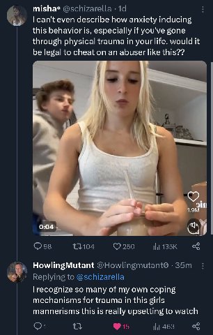 misha* can't even describe how anxiety inducing this behavior is, especially if you've gone through physical trauma in your life. would it be legal to cheat on an abuser like this?? И у HowlingMutant 