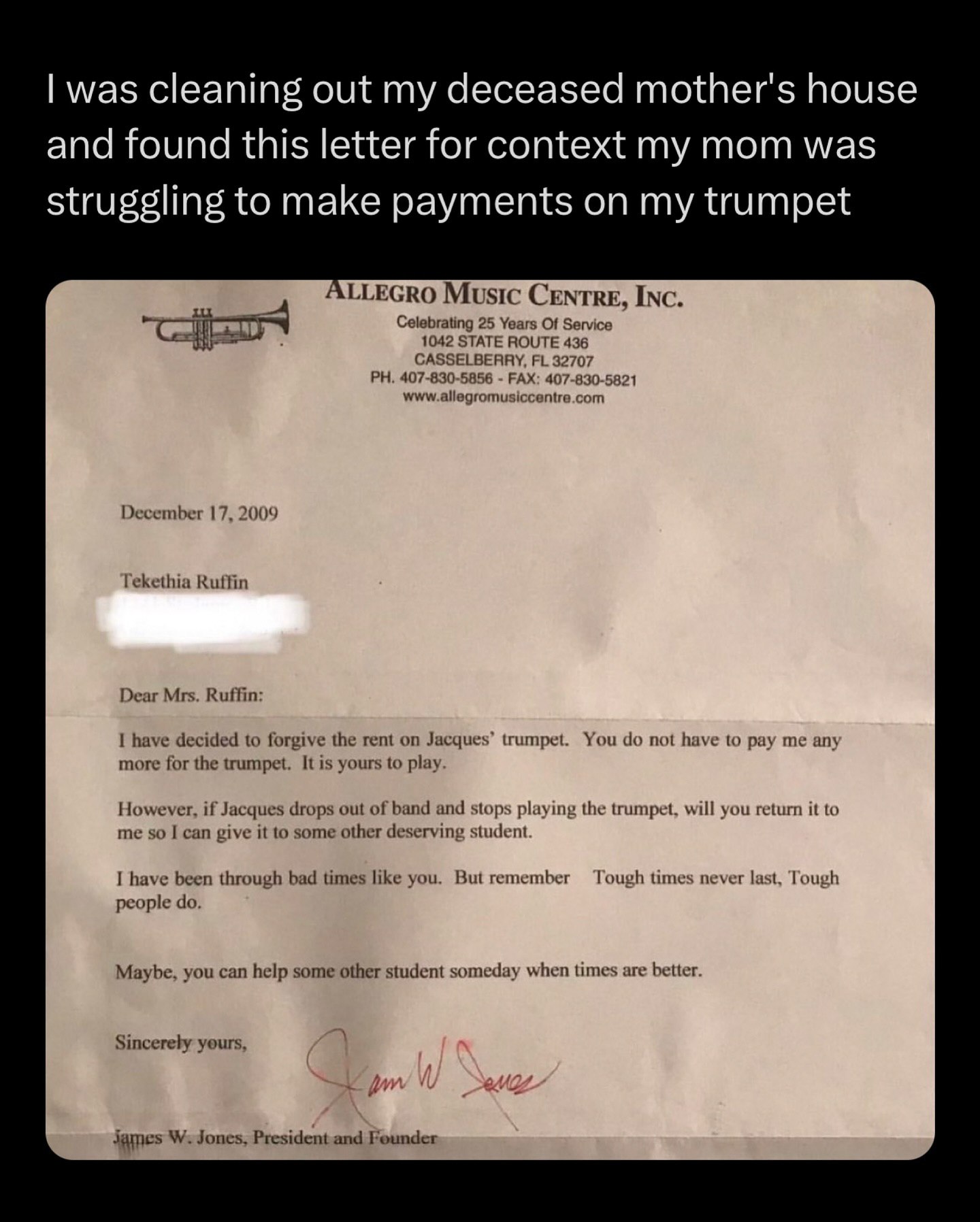 1 was cleaning out deceased mother's house and found this letter for context my mom was struggling to make payments on my trumpet ALLEGRO Music INc. Celebrating 25 Years Of Service 1042 STATE ROUTE 43