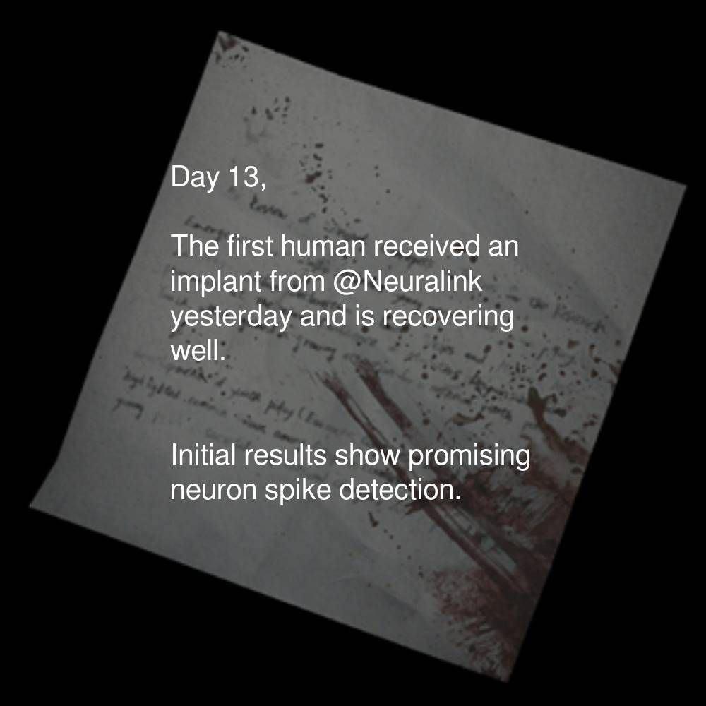 Рау 13, The first human received an implant from @Neuralink yesterday and is recovering well. Initial results show promising neuron spike detection.
