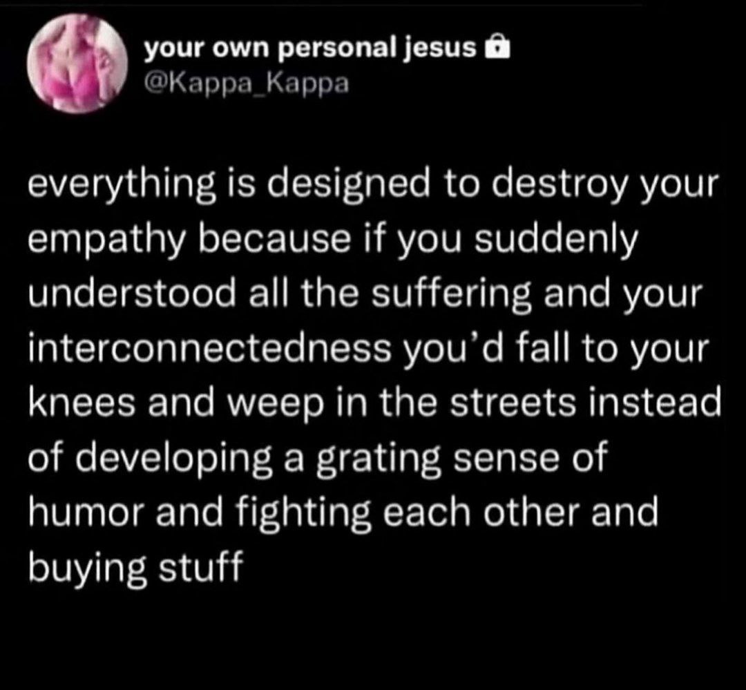 your own personal jesus @Карра_Карра everything is designed to destroy your empathy because if you suddenly understood all the suffering and your interconnectedness fall to your knees and weep in the 