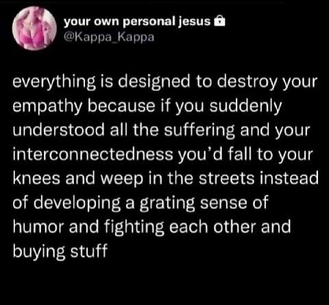 your own personal jesus @Карра_Карра everything is designed to destroy your empathy because if you suddenly understood all the suffering and your interconnectedness fall to your knees and weep in the 