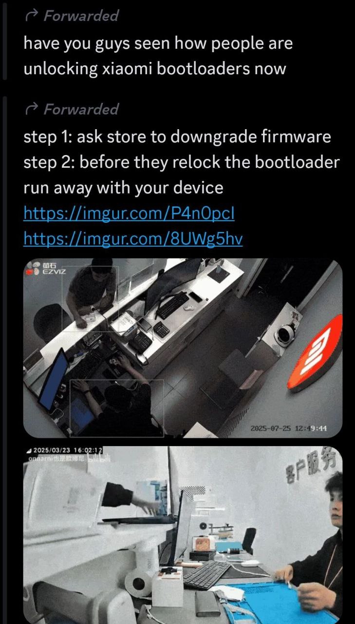 Forwarded have you guys seen how people are unlocking xiaomi bootloaders now Forwarded step 1: ask store to downgrade firmware step 2: before they relock the bootloader run away with your device https