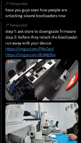 Forwarded have you guys seen how people are unlocking xiaomi bootloaders now Forwarded step 1: ask store to downgrade firmware step 2: before they relock the bootloader run away with your device https