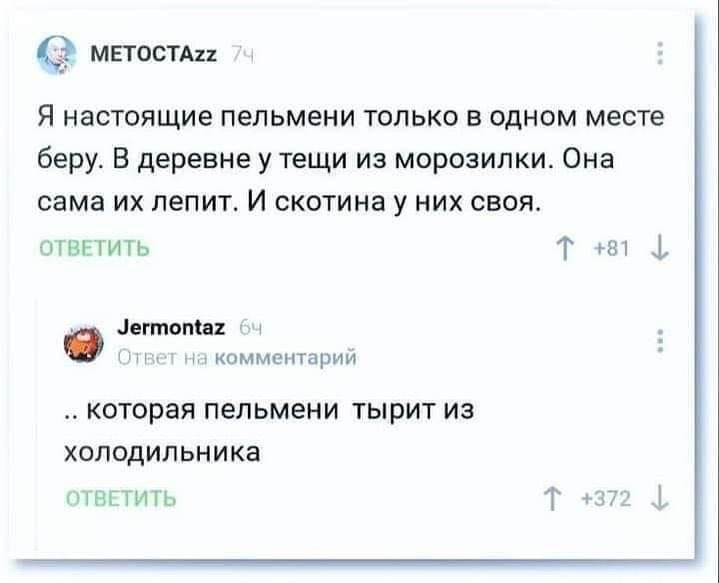 (2 Я настоящие пельмени только в одном месте беру. В деревне у тещи из морозилки. Она сама лепит. И скотинау них своя. ОТВЕТИТЬ +81 i Jermontaz 9 Ответ на комментарий которая пельмени тырит из холодил