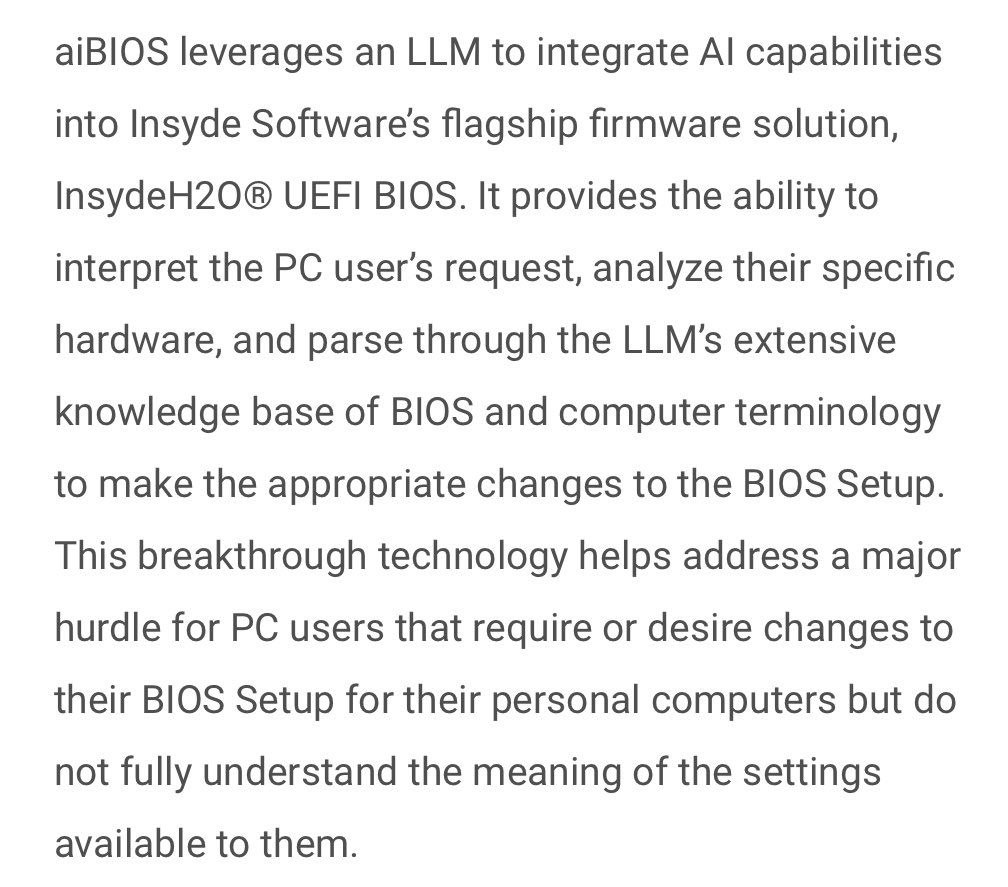 aiBlOS leverages LLM to integrate capabilities into Insyde Software's flagship firmware solution, InsydeH20® UEFI BIOS. It provides the ability to interpret the изег$ request, analyze their specific h