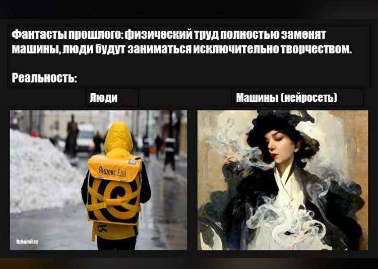 фантасты прошлого: физический труд полностью заменят машины, люди будут заниматься исключительно творчеством. реальность: Люди Машины (нейросеть) 3 4 4 у