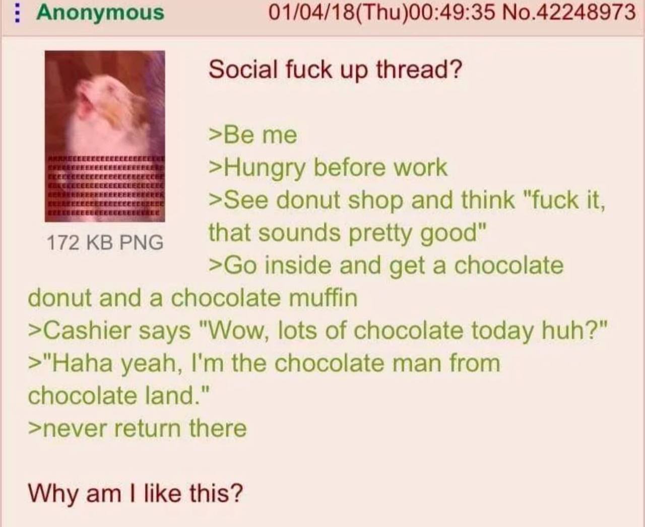 Anonymous 01/04/18(Thu)00:49:35 No.42248973 Social fuck up thread? >Hungry before work >See donut shop and think "fuck it, 172KBPNG that sounds pretty good" inside and get a chocolate donut and a choc