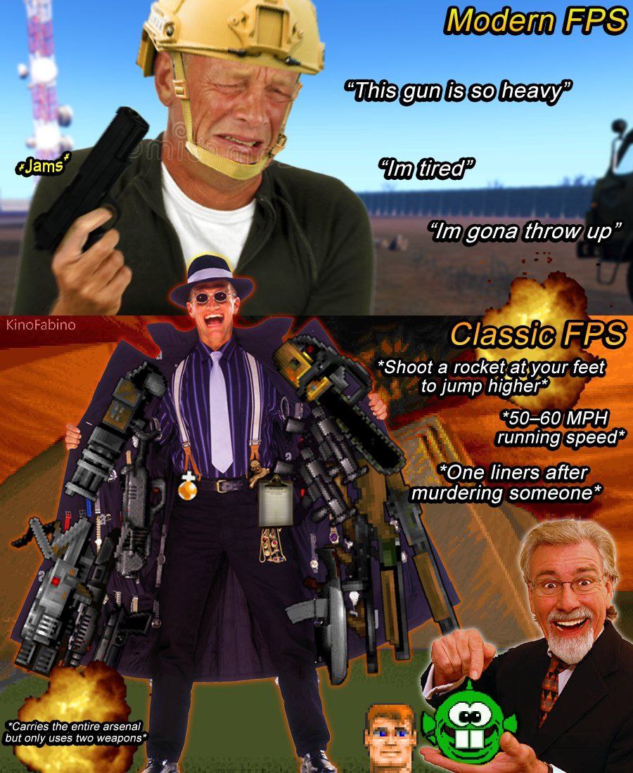 Modern FPS у gona throw up” в *Shoot a rocket Styour feet to jump higher* *50-60 MPH 7 у running speed* 2. *One liners after murdering зотеопе* arsenal с but only uses two weapons* if