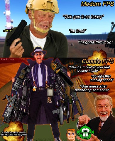 Modern FPS у gona throw up” в *Shoot a rocket Styour feet to jump higher* *50-60 MPH 7 у running speed* 2. *One liners after murdering зотеопе* arsenal с but only uses two weapons* if