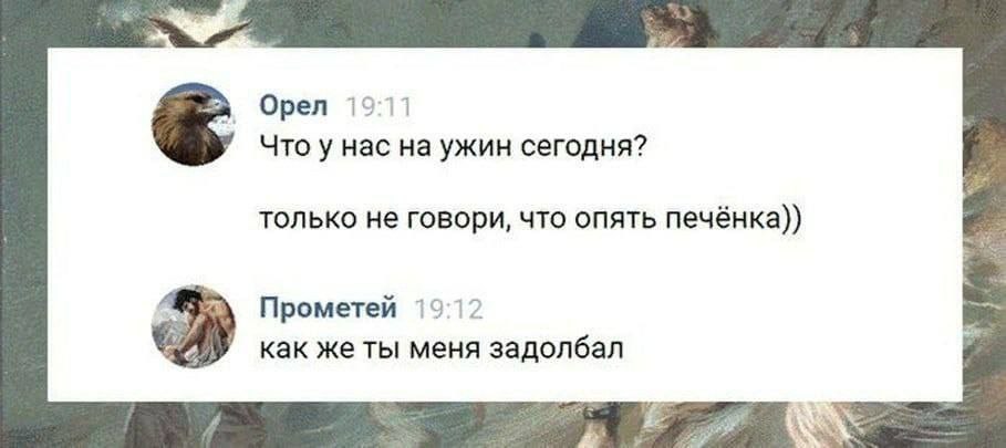 Орел 19:11 Что у нас на ужин сегодня? только не говори, что опять печёнка)) Прометей 19:12 как же ты меня задолбал