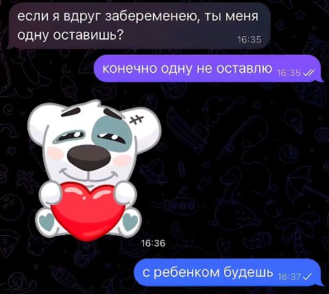 если я вдруг забеременею, ты меня одну оставишь? 16:35 конечно одну не оставлю 16:36 с ребенком будешь