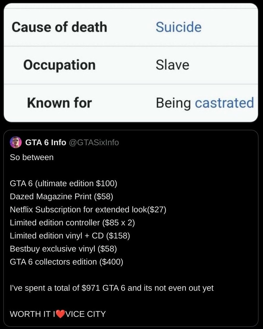 Cause of death Suicide Occupation Slave Known for Being castrated GTA 6 Info So between GTA 6 (ultimate edition $100) Dazed Magazine Print ($58) Netflix Subscription for extended look($27) Limited edi