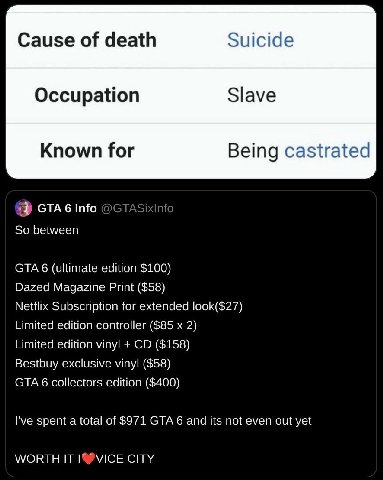 Cause of death Suicide Occupation Slave Known for Being castrated GTA 6 Info So between GTA 6 (ultimate edition $100) Dazed Magazine Print ($58) Netflix Subscription for extended look($27) Limited edi