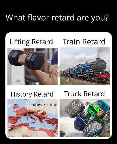 What flavor retard are you? Lifting Retard Train Retard i MUS Truck Retard History Retard THE ROMAN EMPIRE JAS 4