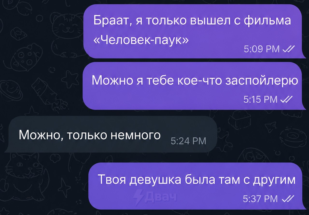 Браат, я только вышел с фильма «Человек-паук» 5:09 Можно я тебе кое-что заспойлерю 5:15 PMY Можно, только немного Твоя девушка была там с другим 5:37