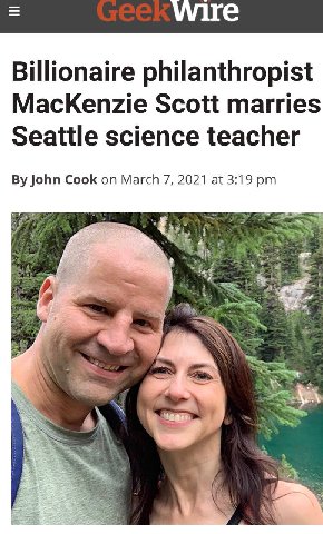 Billionaire philanthropist MacKenzie Scott marries Seattle science teacher John Cook on March 7, 2021 at 3:19