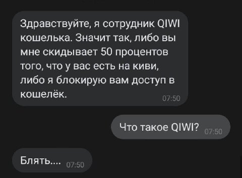 Здравствуйте, я сотрудник кошелька. Значит так, либо вы мне скидывает 50 процентов того, что у вас есть на киви, либо я блокирую вам доступ в кошелёк. Что такое QIWI? Блять.... 0