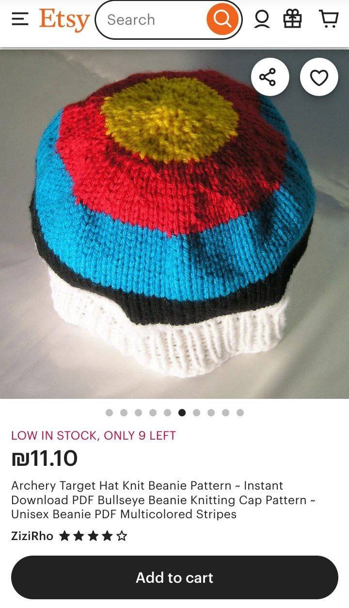 Еще 6 LOW IN STOCK, ONLY 9 LEFT 11.10 Archery Target Hat Knit Beanie Pattern Instant Download PDF Bullseye Beanie Knitting Cap Pattern Unisex Beanie PDF Multicolored Stripes ZiziRho Add to cart