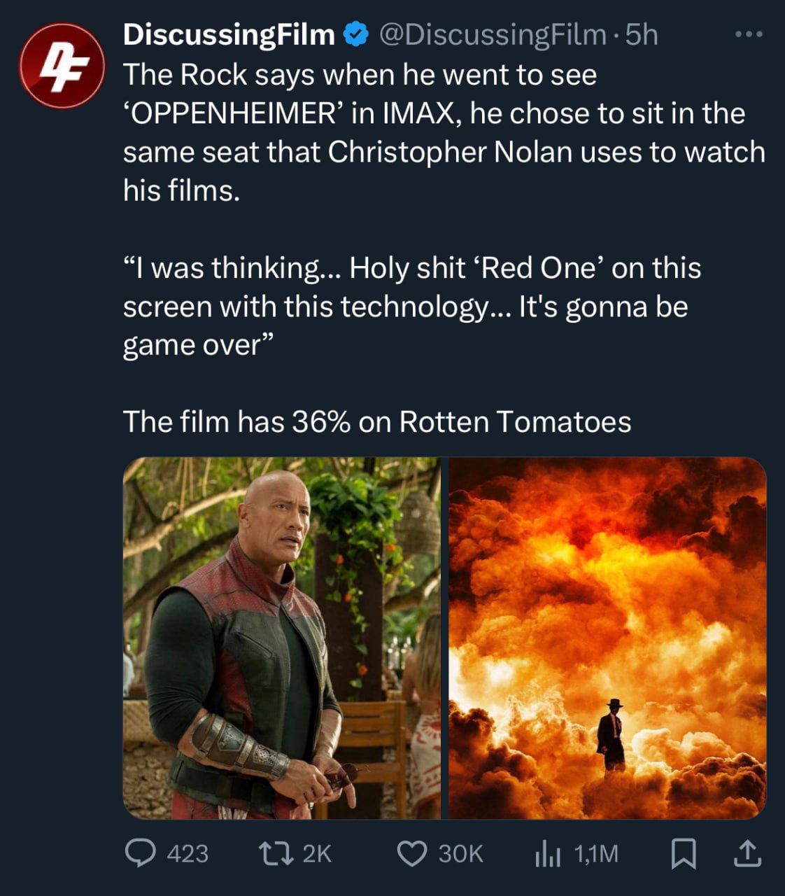 DiscussingFilm The Rock says when he went to see ‘OPPENHEIMER’ in IMAX, he chose to sit in the same seat that Christopher Nolan uses to watch his films was thinking... Holy shit “Red One’ on this scre
