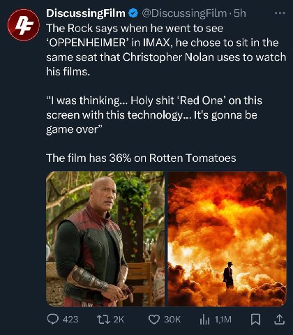 DiscussingFilm The Rock says when he went to see ‘OPPENHEIMER’ in IMAX, he chose to sit in the same seat that Christopher Nolan uses to watch his films was thinking... Holy shit “Red One’ on this scre