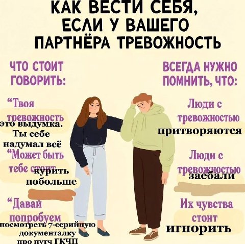 КАК ВЕСТИ СЕБЯ, ЕСЛИ У ВАШЕГО ПАРТНЁРА ТРЕВОЖНОСТЬ ЧТО СТОИТ ВСЕГДА НУЖНО ГОВОРИТЬ ПОМНИТЬ, ЧТО: “Твоя Люди с тревожностью притворяются надумал всё Ты себе “Может быть Люди с тебе “Давай. чувства попр