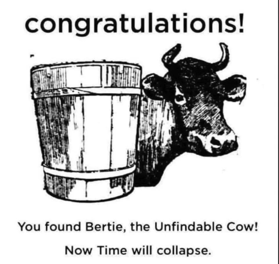 cong ratulatio You found Bertie, the Unfindable Cow! Now Time will collapse.