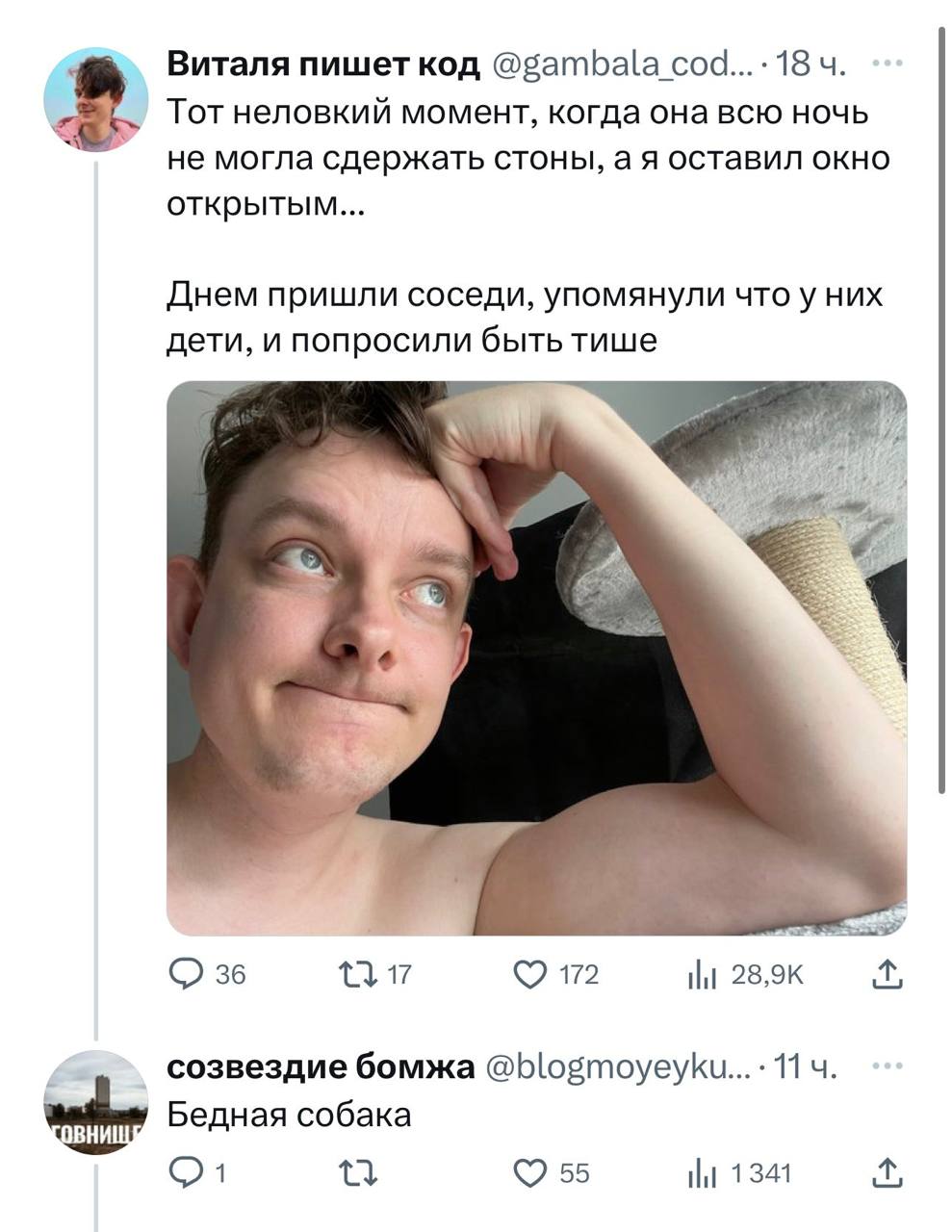 Виталя пишет код Тот неловкий момент, когда она всю ночь немогла сдержать стоны, а я оставил окно открытым... Днем пришли соседи, упомянули что у них дети, и попросили быть тише О 36 172 созвездие бом