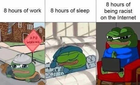 8 hours of 8 hours of work 8 hours of sleep being racist on the Internet [а SOLS