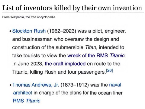 List of inventors killed their own invention From Wikipedia, the free encyclopedia Stockton Rush (1962-2023) was а pilot, engineer, and businessman who oversaw the design and construction of the subme