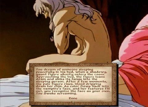 we Я а Rou dream of someone sleeping peacefully in his bed, when a shadowy, Figure silently enters the room. the bed, the figure leans and sinks its fangs into the person. After a few pale igure rises