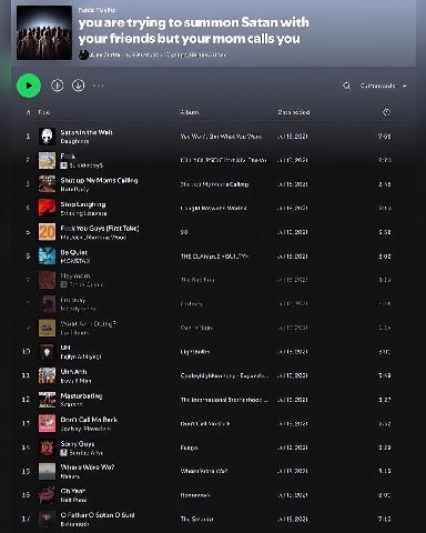Public Playlst аге trying to summon Satan with your friends but your mom calls you Zurita 6,999 paves songs, 29 coc О the 2 My Mons Caliieg A Stoo Laughing Guys Take) 5 The УАВАВЬ Back Sorry Guys Whor