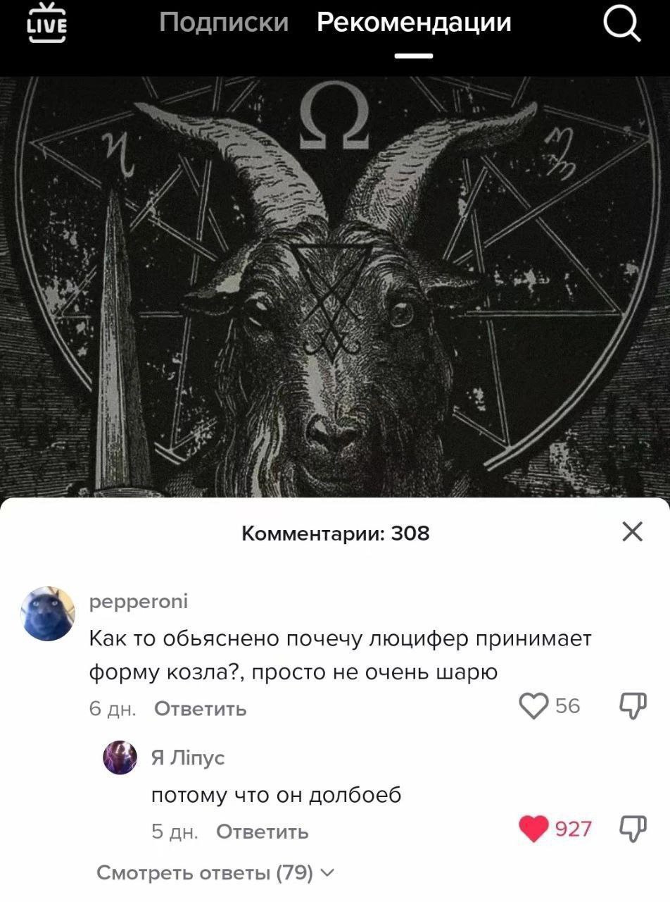 Подписки Рекомендации AS It Комментарии: 308 3 pepperoni Как то почечу люцифер принимает форму козла?, просто не очень шарю 6 Ответить 56 потому что долбоеб 5 Ответить Смотреть ответы (79)