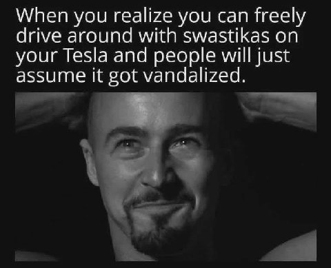 When you realize you can freely drive around with swastikas on your Tesla and people will just assume it got vandalized.