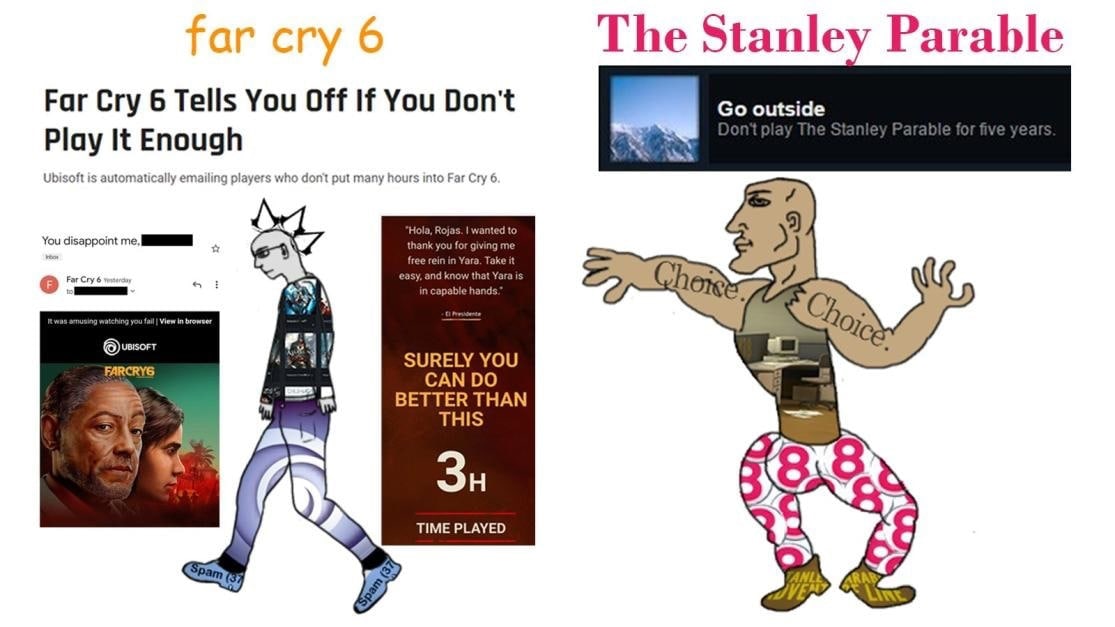 The Stanley Parable Far Cry 6 Tells You Off If You Don't outside Play It Enough 4. Ubisoft is automatically emailing players who dont put many hours into Far Cry 6 You disappoint me, И 45 За 4 BETTER 