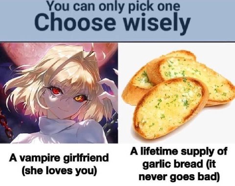 You can only pick one Choose wisely Я A supply of A girlfriend garlic bread (it (she loves you) never goes bad)