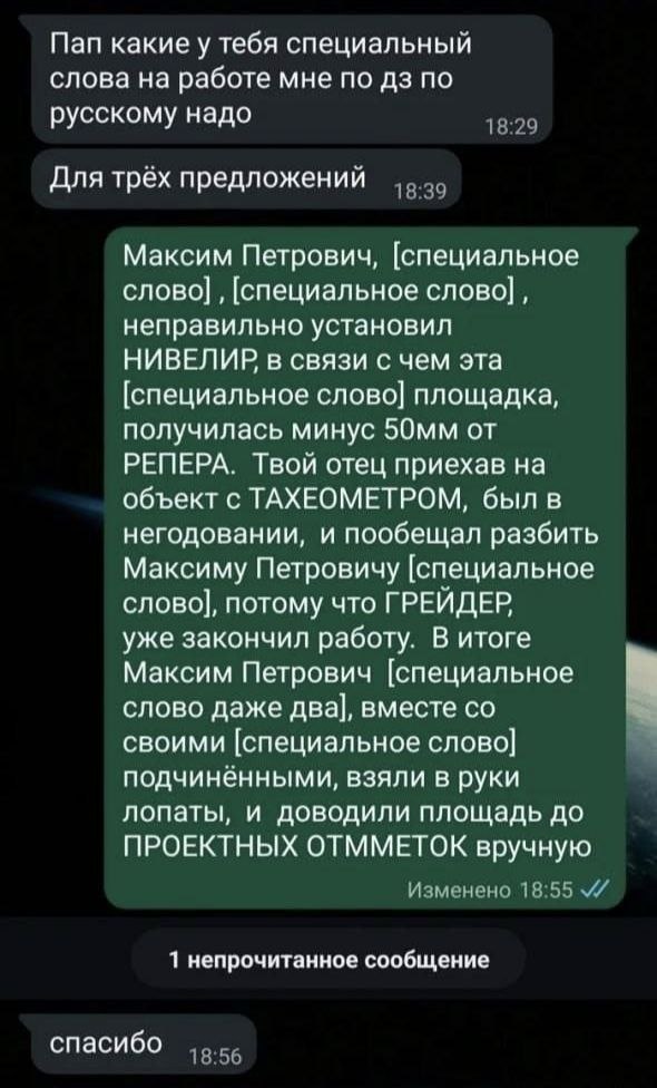 Пап какие у тебя специальный слова на работе мне по по русскому надо 18:29 Для трёх предложений Максим Петрович, [специальное слово] [специальное cnoso] неправильно установил НИВЕЛИР в связи с чем эта