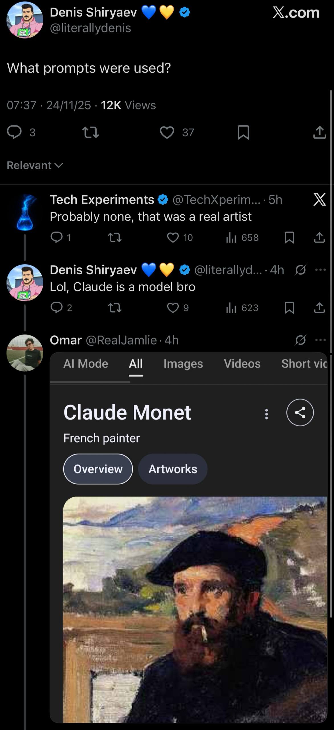 Denis Shiryaev Х.сот What prompts were used? Tech Experiments Probably none, that was a real artist Denis Shiryaev Lol, Claude is a model bro Omar All Claude Monet French painter